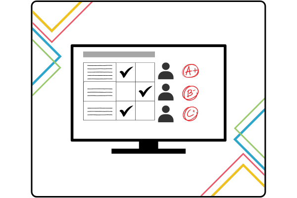 Monitor with table showing grid of users being graded for different items, with overall marks.