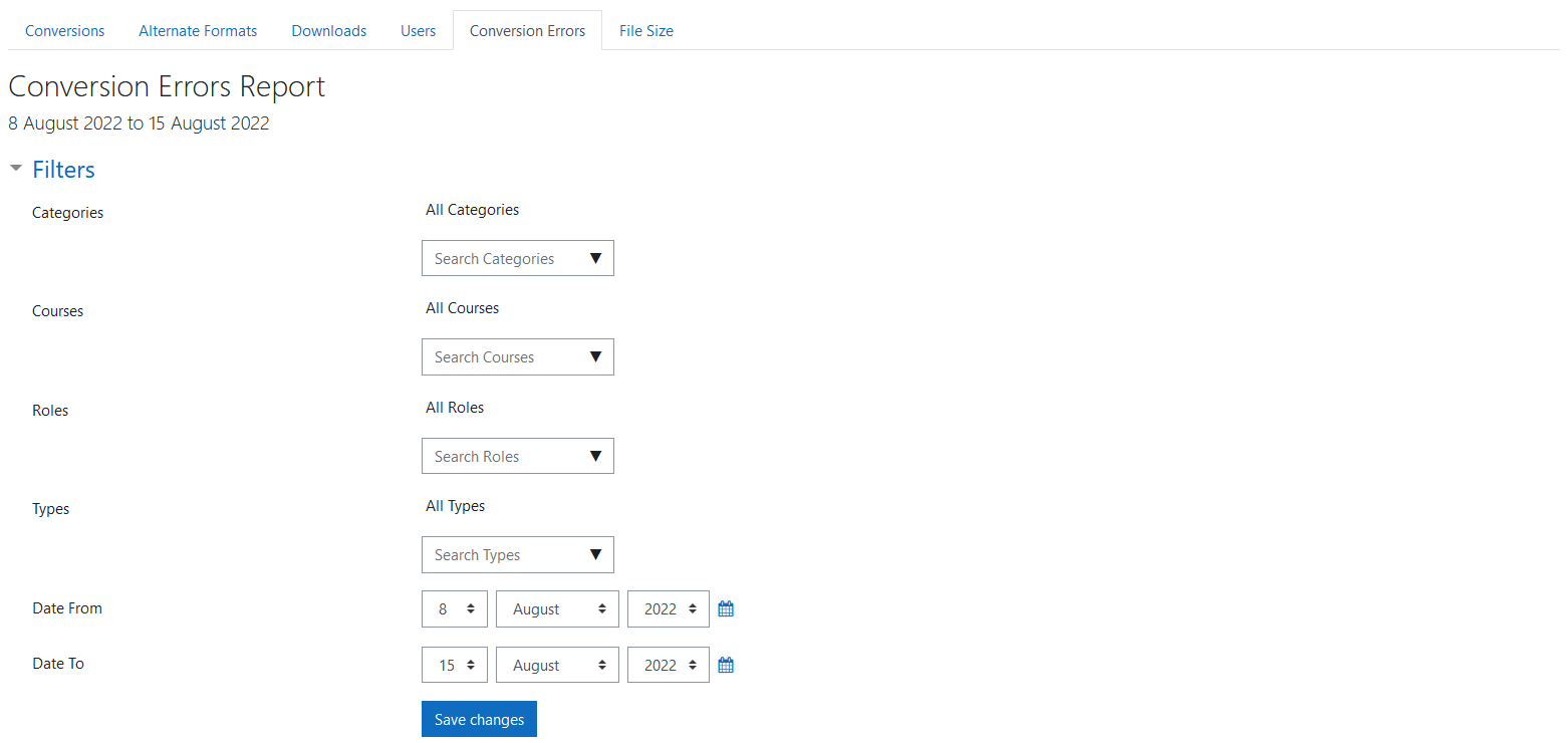 The BFAltformat conversion errors report filters