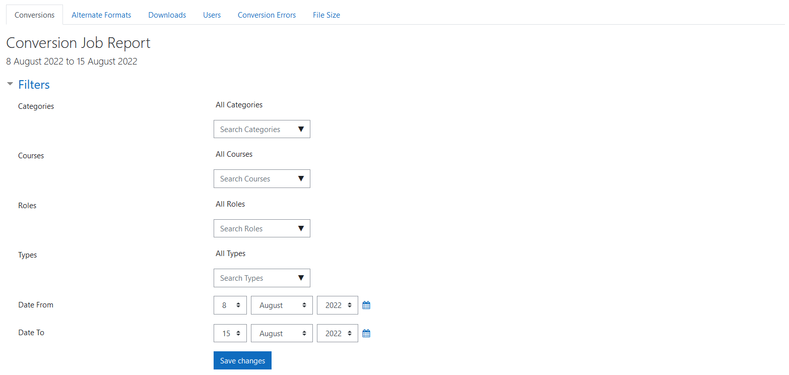 The BFAltformat Conversions report filters