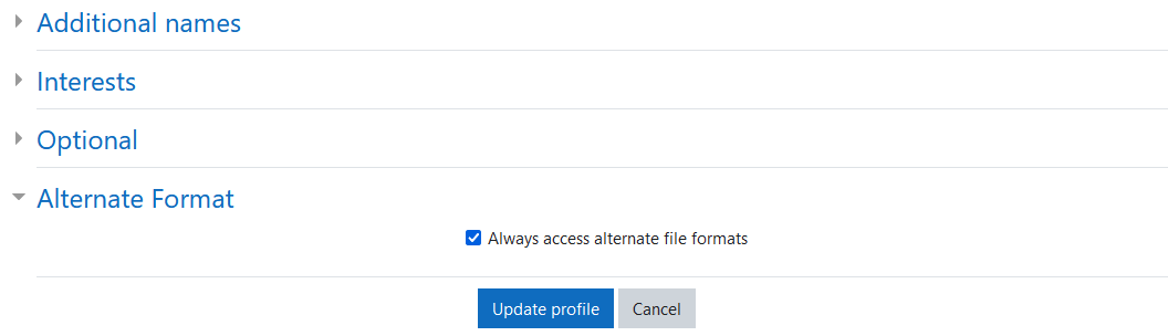 Alternate format section with a users settings