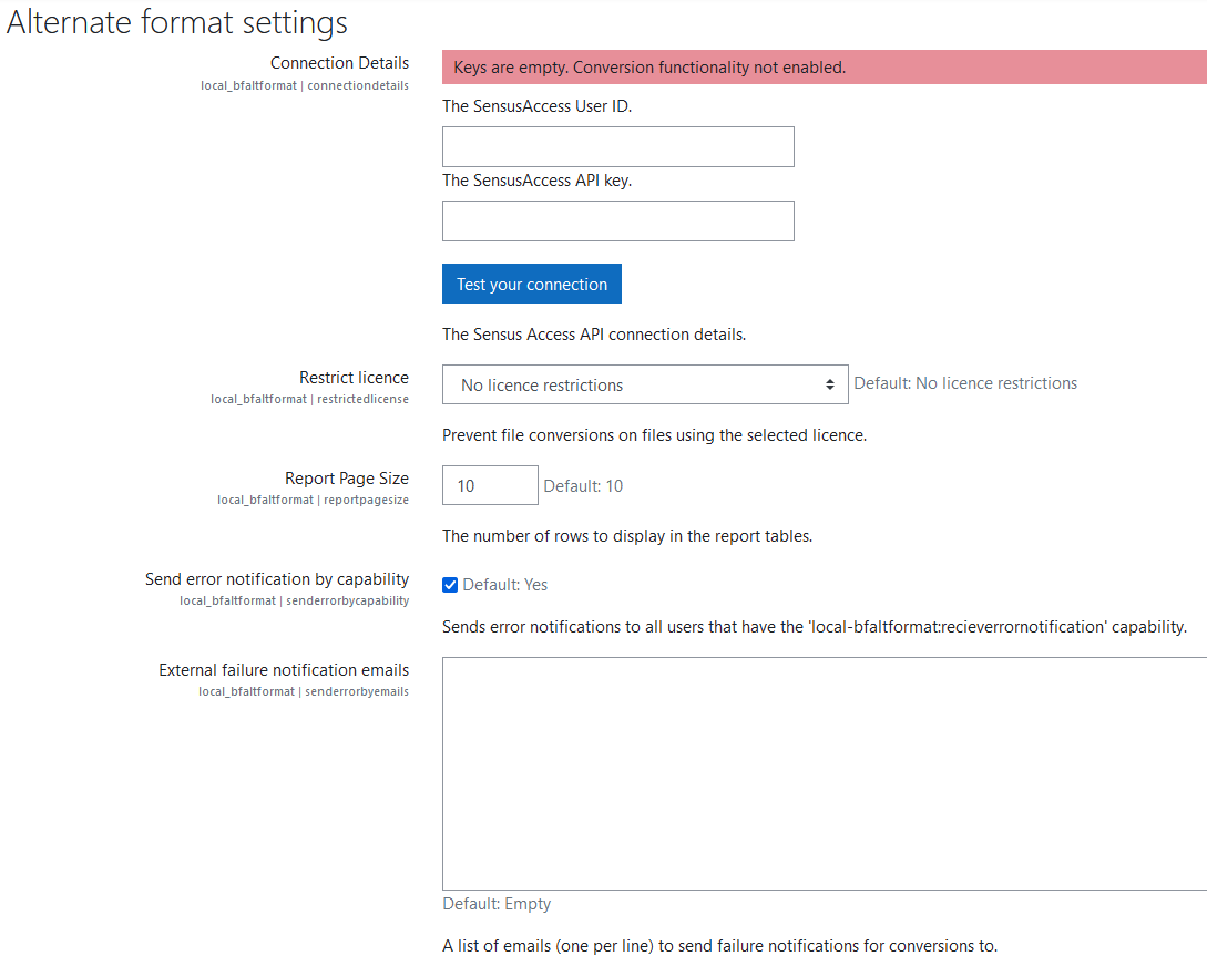 Alternate format general settings