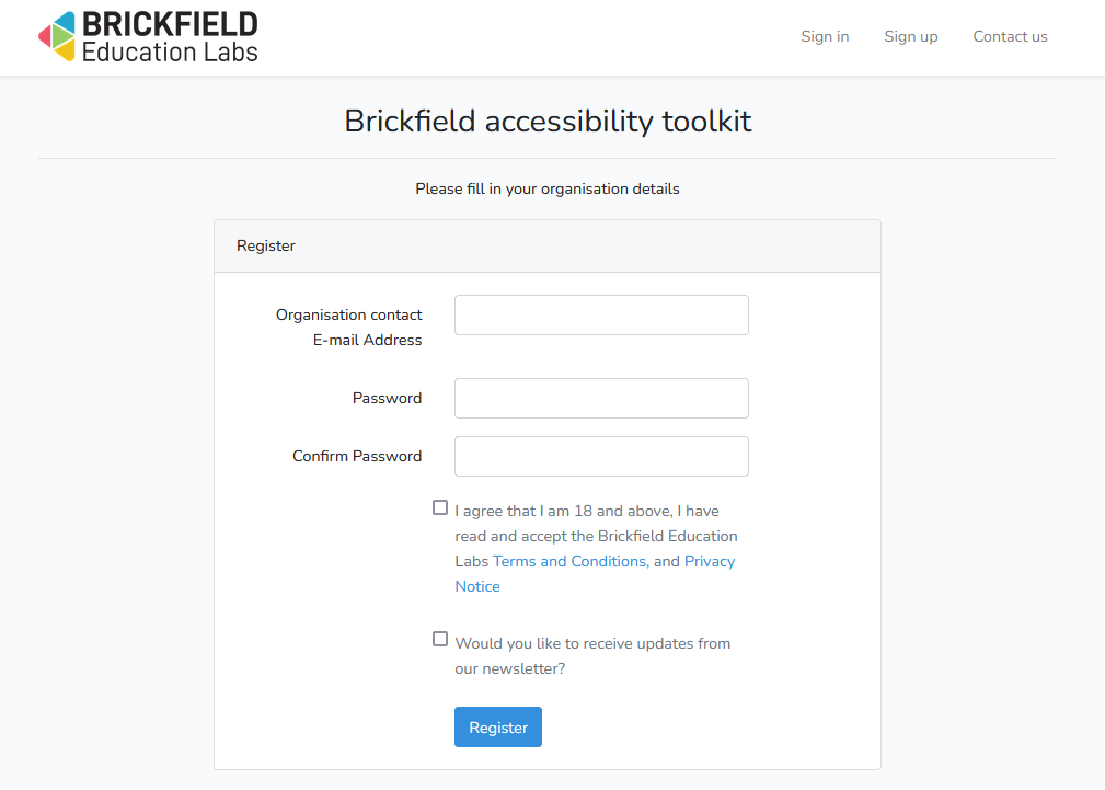 Brickfield Portal account creation page