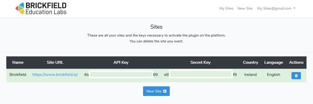 The API and Secret keys for the site in the Brickfield Portal