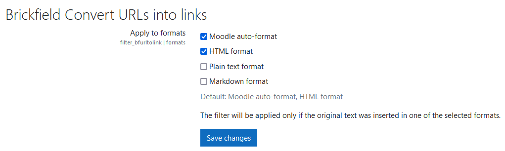 The settings page for the URL to link filter plugin