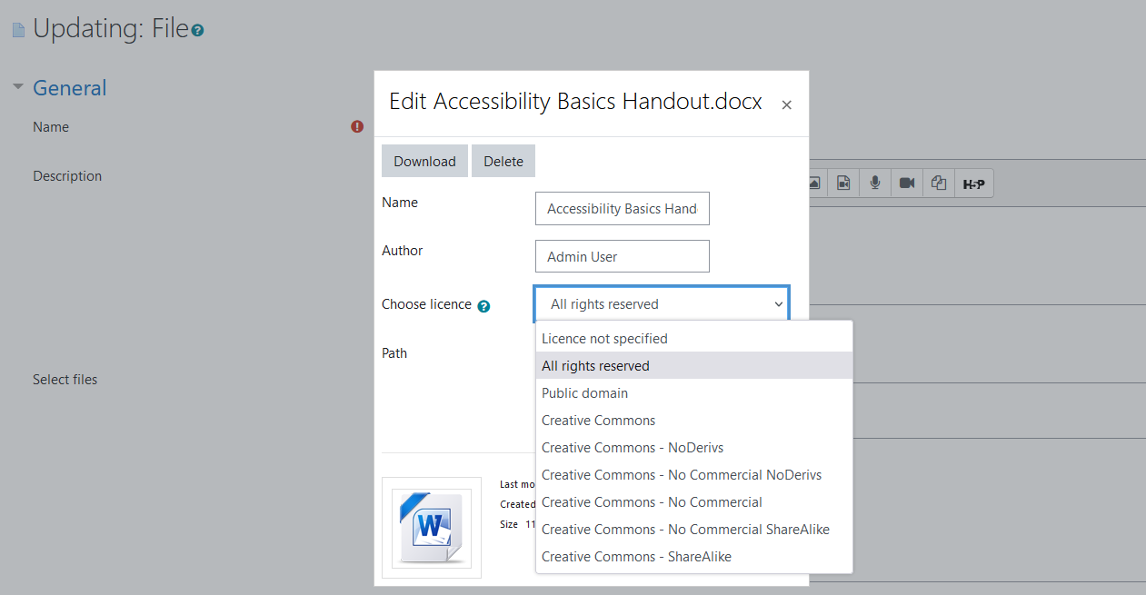 The choose licence option for a selected file