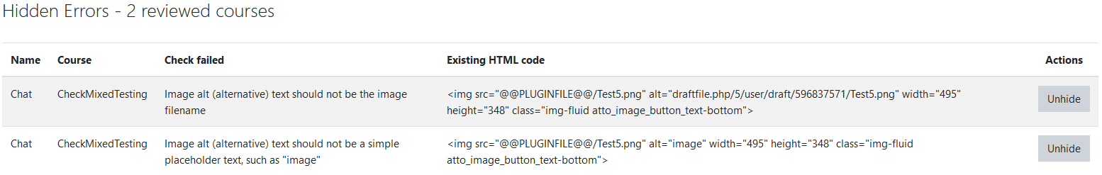 The Exception Management page displaying two hidden errors.