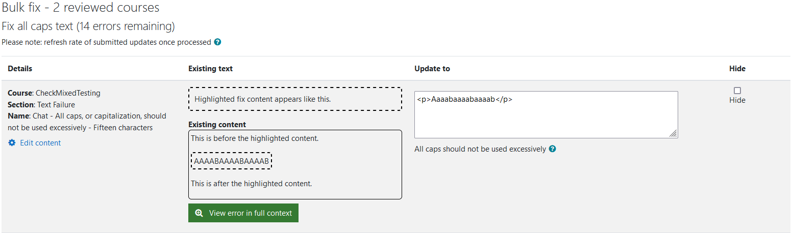The Fix all caps wizard with 14 errors remaining. One all caps error is being shown in the image.