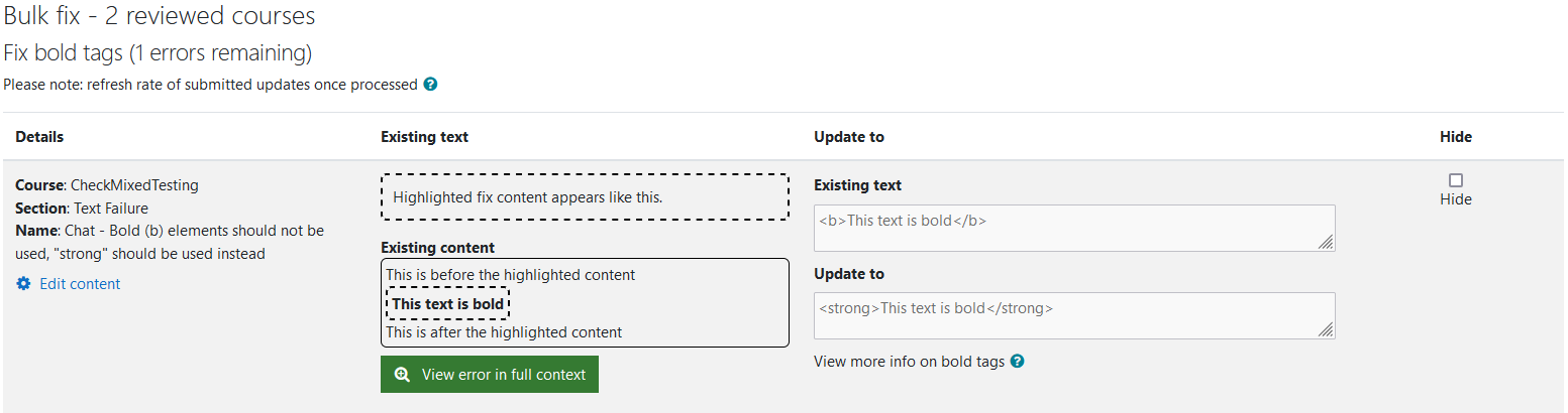 The Fix bold wizard with 1 error remaining. One bold error is being shown in the image.