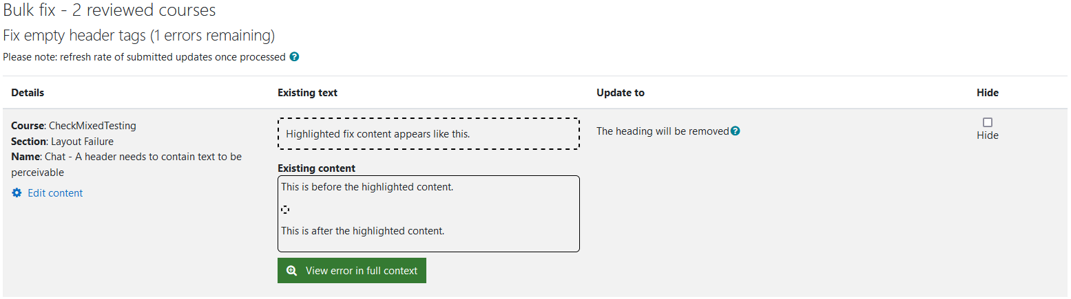The Fix empty header tags wizard with 1 error remaining. One empty header tag error is being shown in the image.