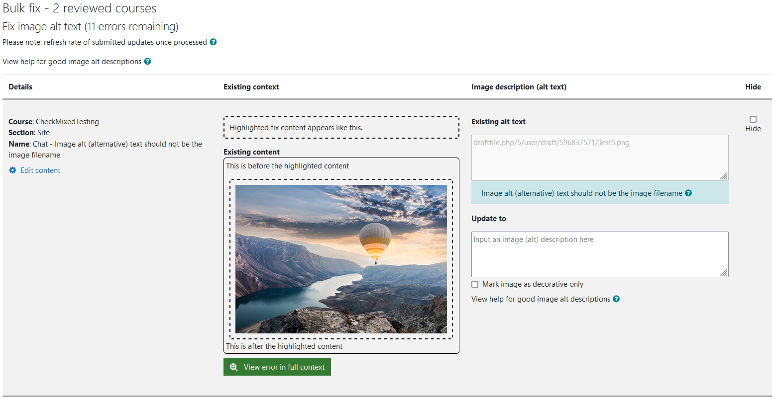 The Fix image alt text wizard with 11 errors remaining. One image alt text error is being shown in the image.