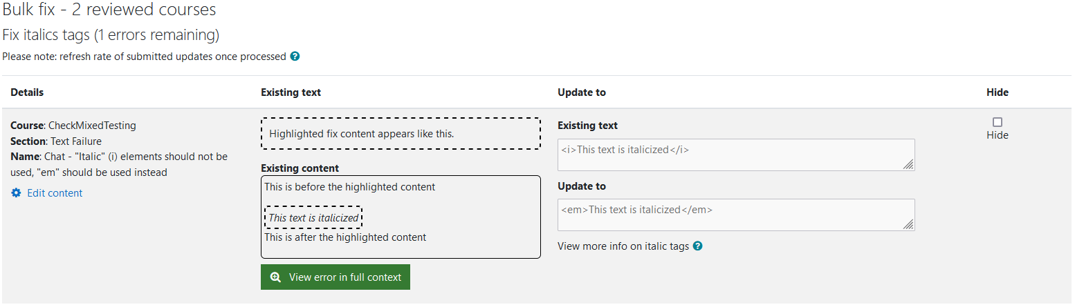 The Fix italics wizard with 1 error remaining. One italic error is being shown in the image.