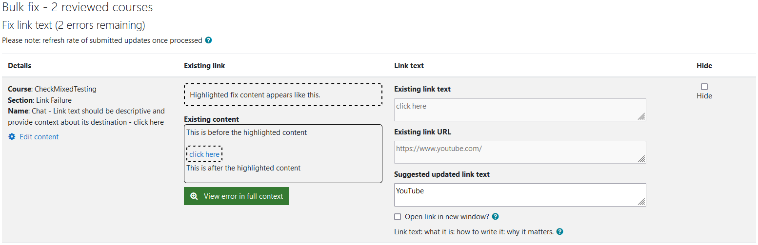 The Fix link text wizard with 2 errors remaining. One link text error is being shown in the image.