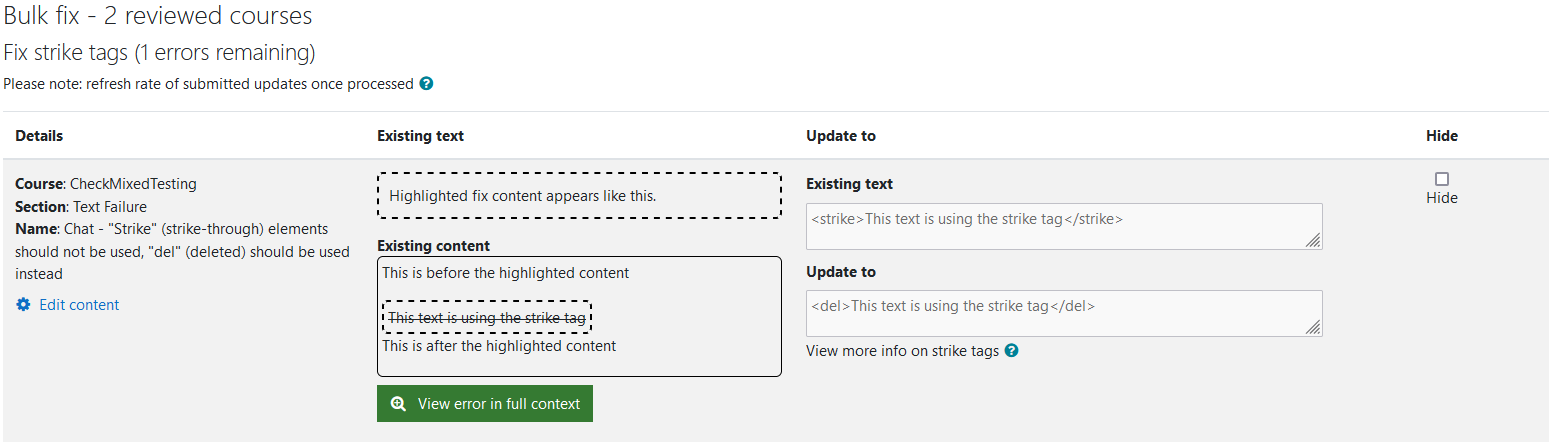 The Fix strike wizard with 1 error remaining. One strike error is being shown in the image.