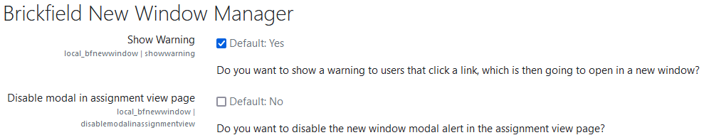 The settings page for the bfnewwindow plugin