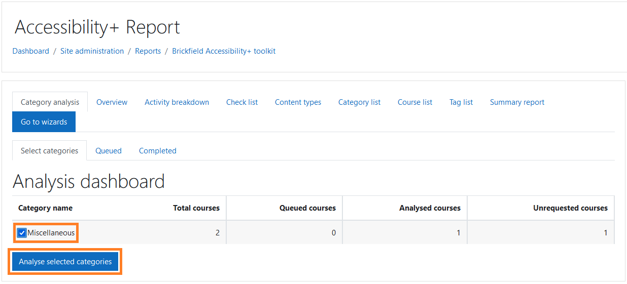 Submitting courses for analysis with the Category analysis report