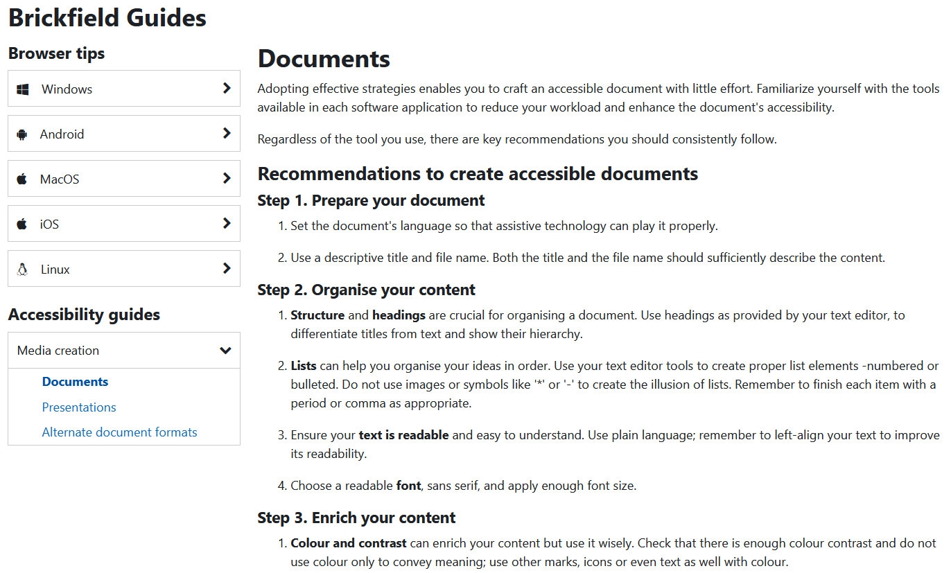 The Brickfield Guides, with the accessibility guides for Documents. The Accessibility Guides menu is expanded showing that the Documents guide is selected.
