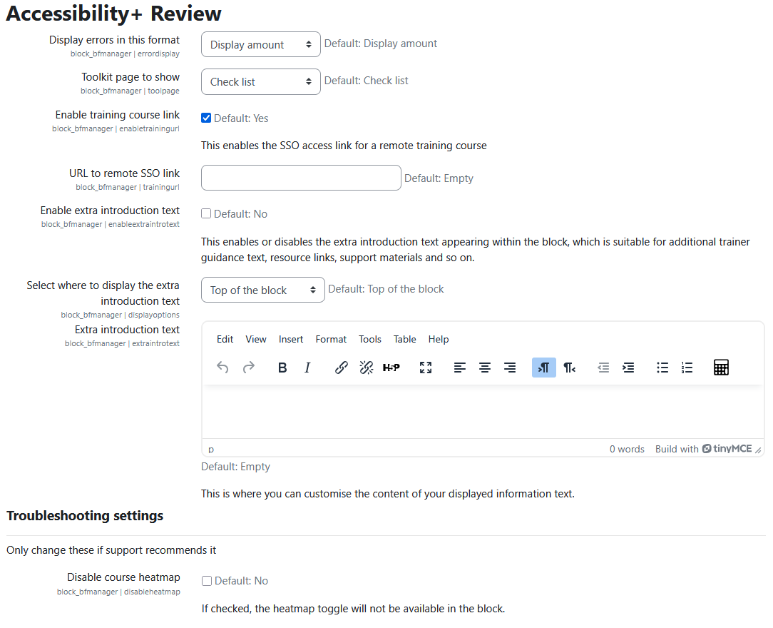 The Accessiblity+ Review settings page