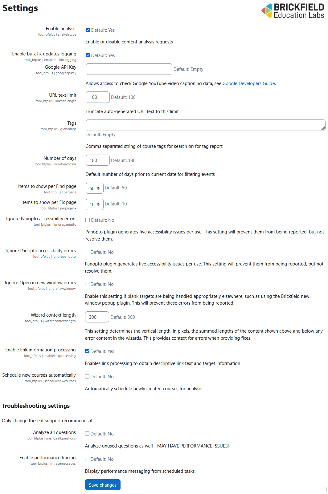 The Accessiblity+ Toolkit settings page