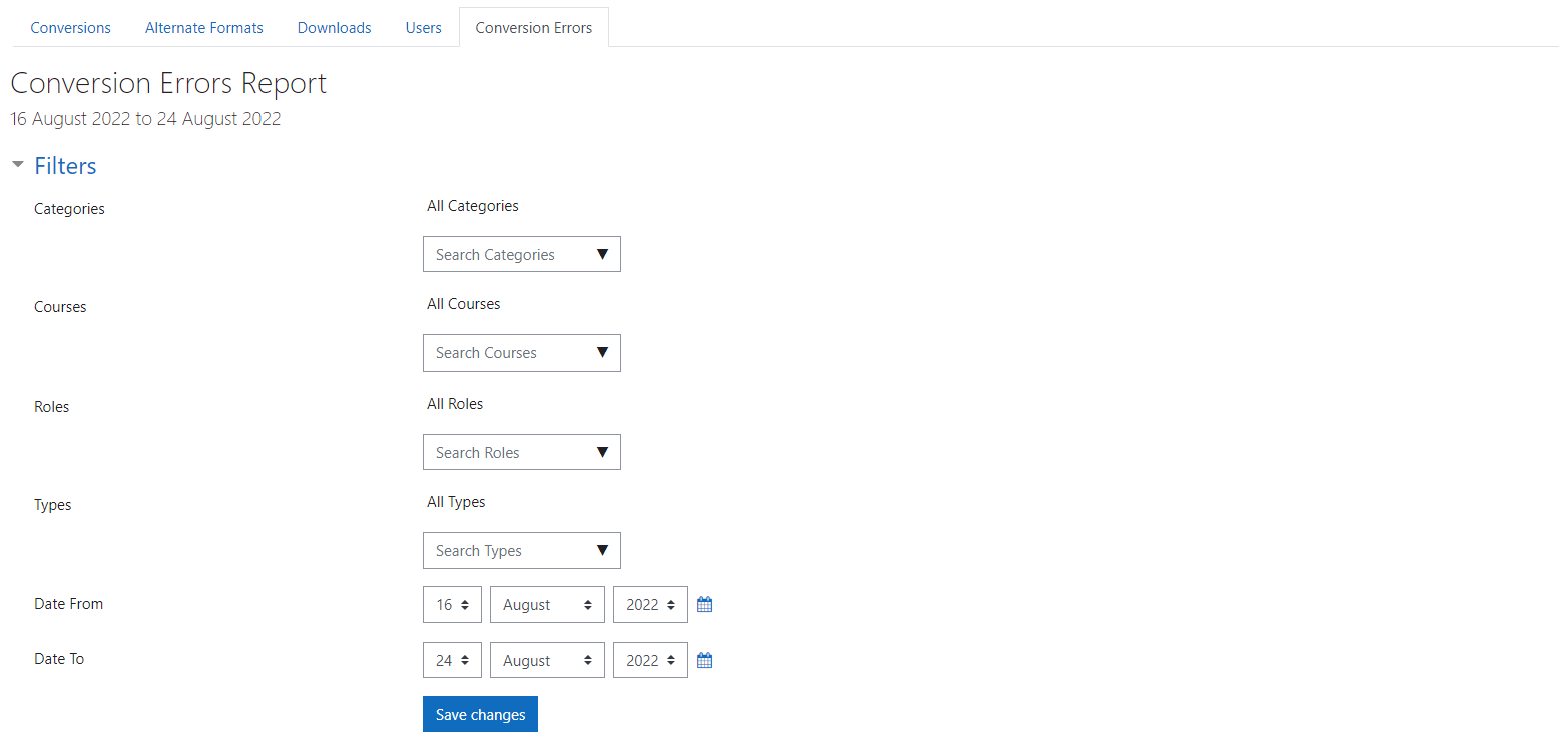 The BFAltformat conversion errors report filters