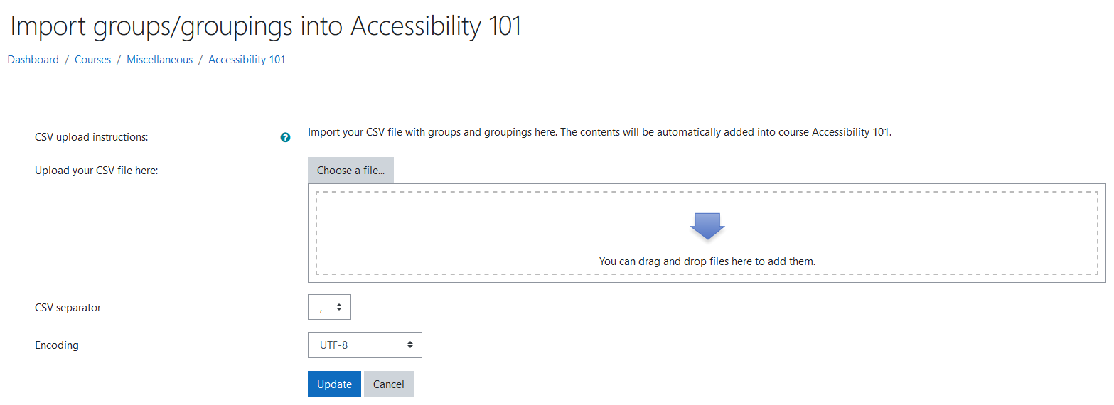 The csv upload page for the course group upload block