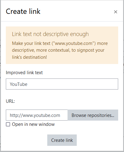 The new open in new window option when adding a link in the Atto editor