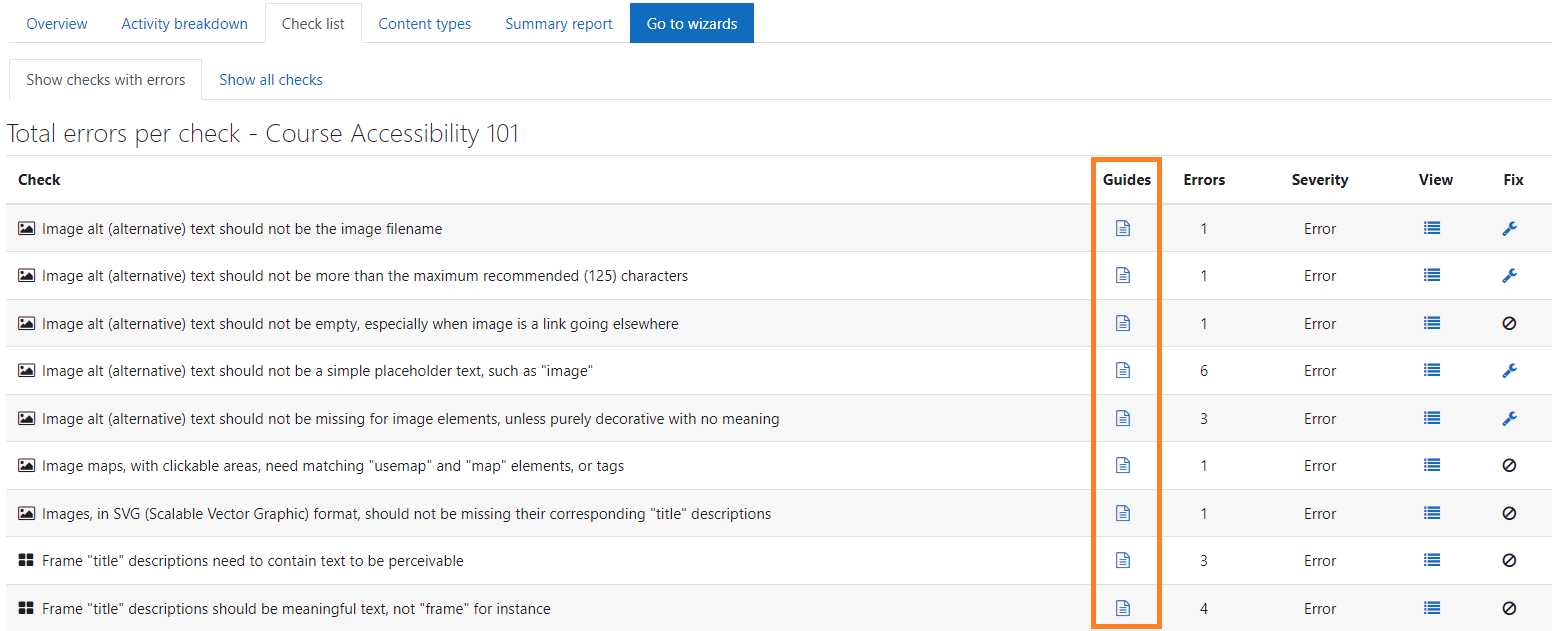 The accessibility guides per HTML content type highlighted in the Accessibility+ Review block