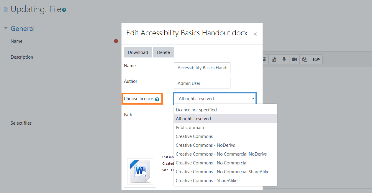 The choose licence option for a selected file