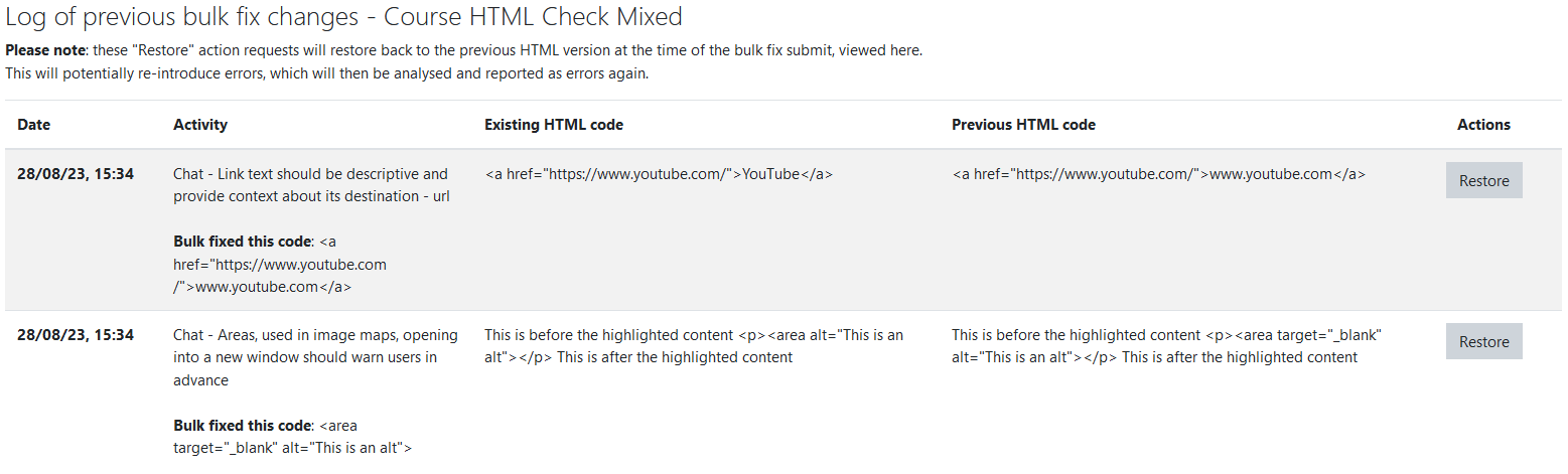 The Bulk Fix Log displaying two fixed errors.