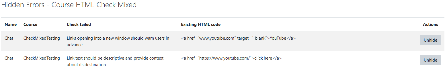 The Exception Management page displaying two hidden errors.