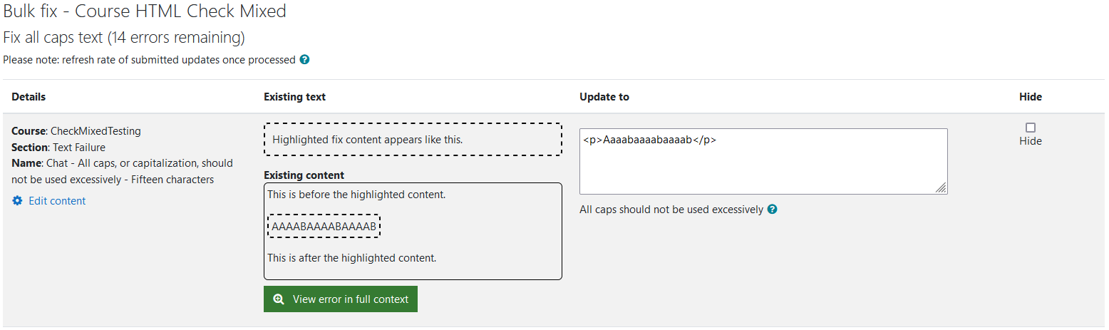 The Fix all caps wizard with 14 errors remaining. One all caps error is being shown in the image.