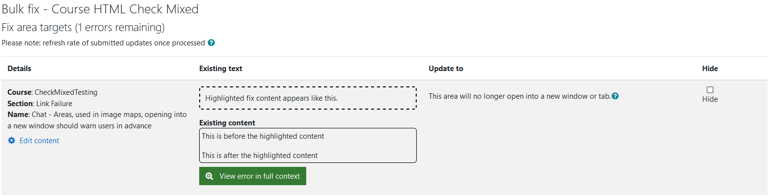The Fix area targets caps wizard with 1 error remaining. One area target error is being shown in the image