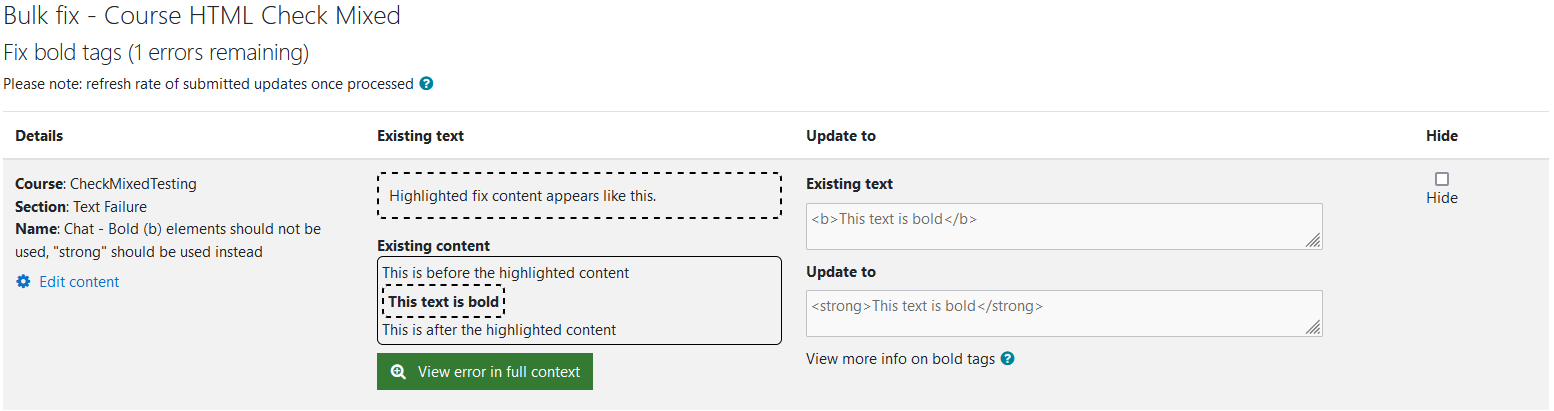 The Fix bold wizard with 1 error remaining. One bold error is being shown in the image.