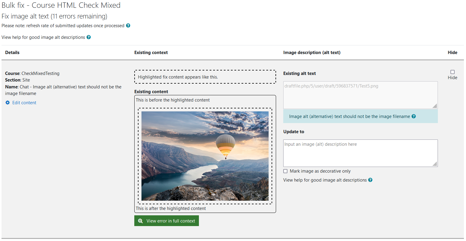 The Fix image alt text wizard with 11 errors remaining. One image alt text error is being shown in the image.