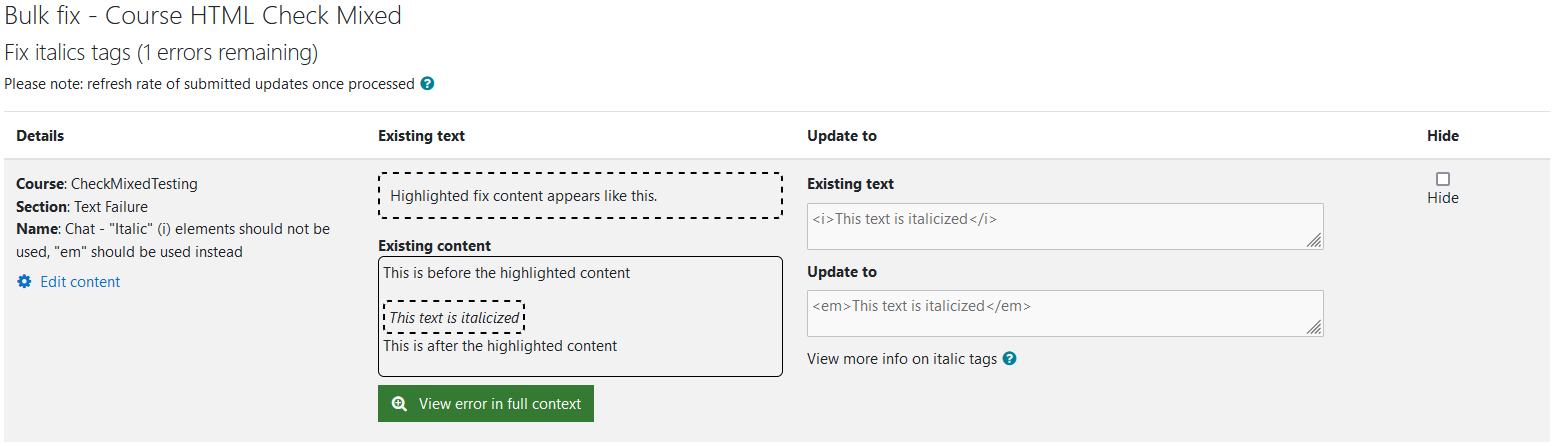 The Fix italics wizard with 1 error remaining. One italic error is being shown in the image.