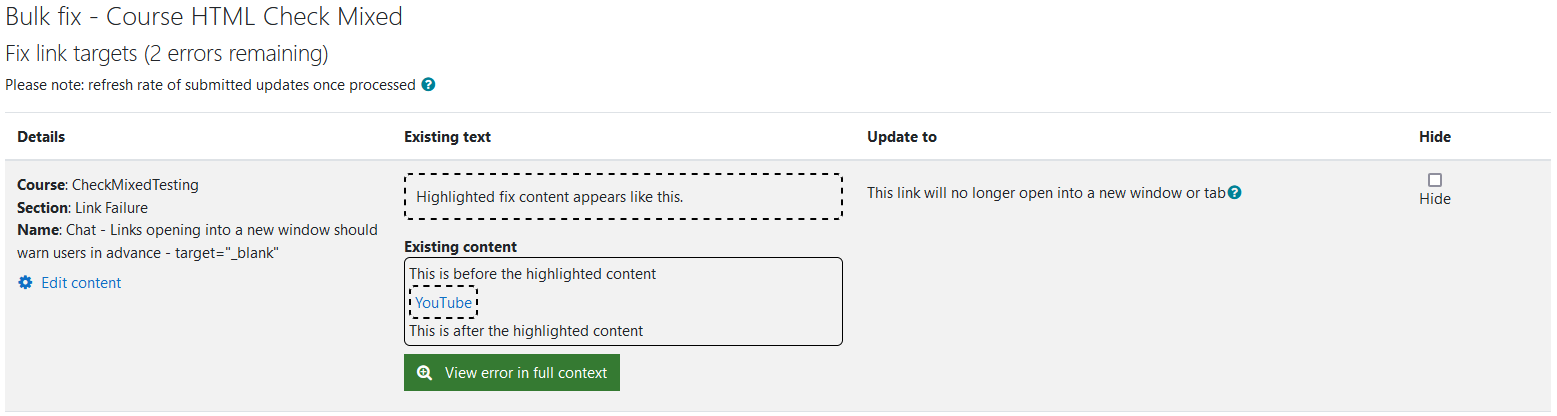 The Fix link targets wizard with 2 errors remaining. One link target error is being shown in the image.