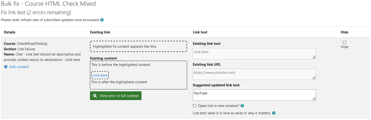 The Fix link text wizard with 2 errors remaining. One link text error is being shown in the image.