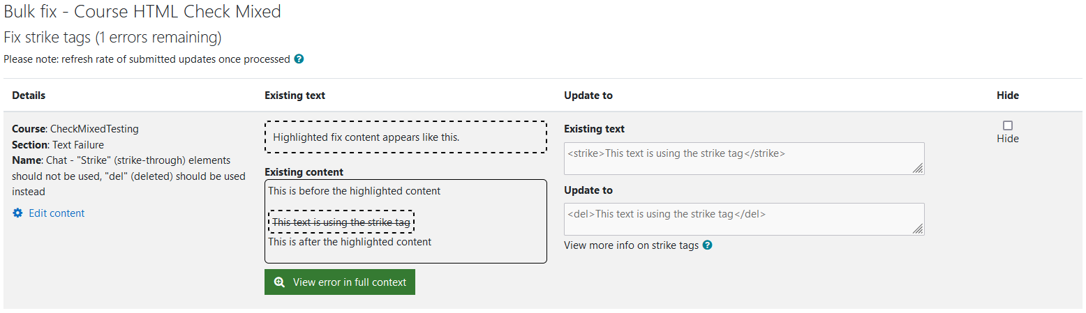 The Fix strike wizard with 1 error remaining. One strike error is being shown in the image.