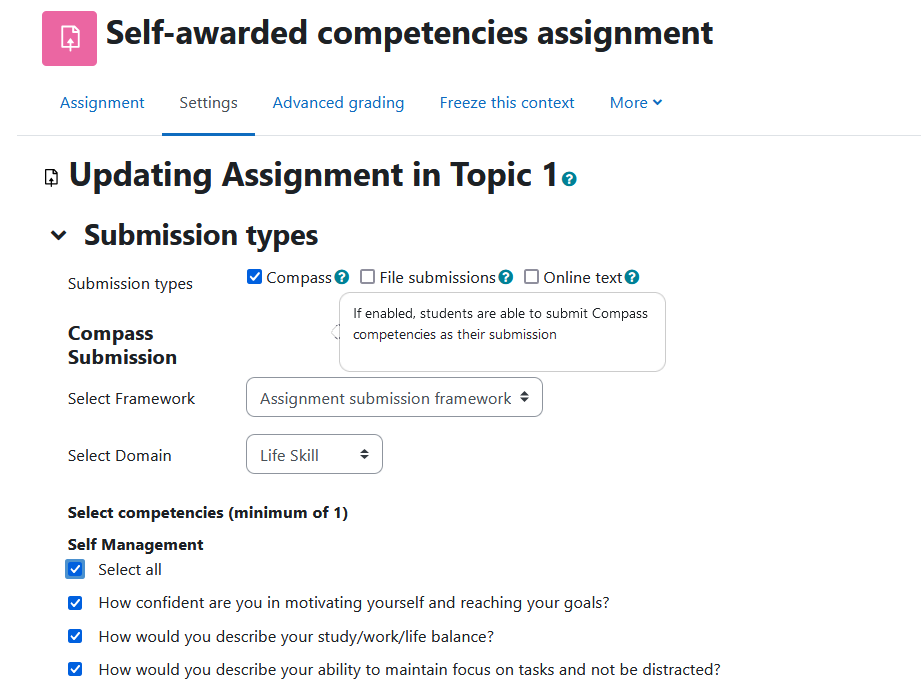 The submission types settings with Compass as the selected submission type. The sub Compass settings are: Select Framework, Select Domain, and then Select competencies (minimum of 1). The domain is self management, and all competencies are selected.