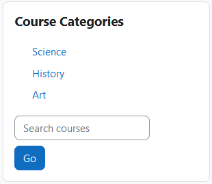 The Category overview block displaying links to the three categories: Science, History, and Art. Below the categories is a search field with an adjacent ‘Go’ button.