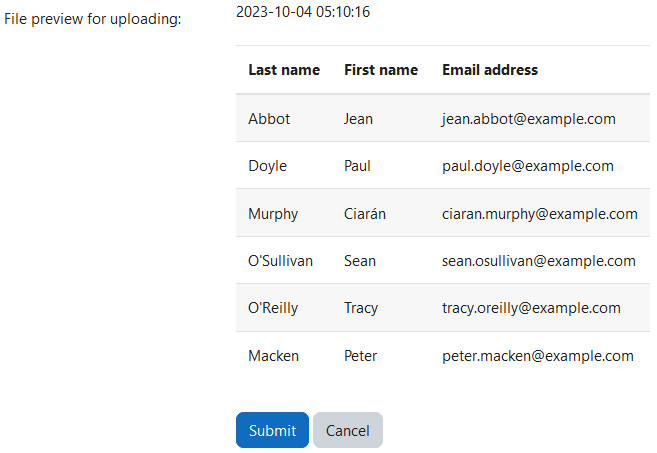 The confirmation page after uploading a csv file to the Invite user block, with the date and time the file was uploaded at, a table for the csv data with the three columns: last name, first name, and email address. Below the table are the two buttons Submit and Cancel.