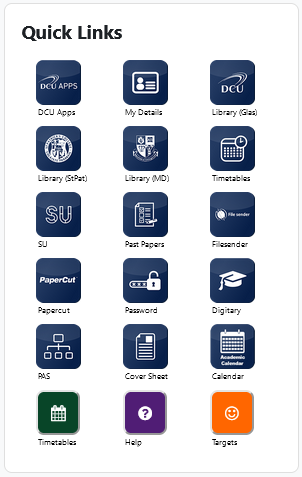 The Quicklinks block, in the style of a mobile icon dashboard, with three icons per row. The first row’s icons are: DCU Apps, My Details, and Library (Glas). The second row’s icons are Library (StPat), Library (MD), and Timetables. The third row’s icons are: SU, Past Papers, and Filesender. The fourth row’s icons are: Papercut, Password, and Digitary. The fifth row’s icons are: PAS, Cover Sheet, and Calendar. The sixth row’s icons are: Timetables, Help and Targets.