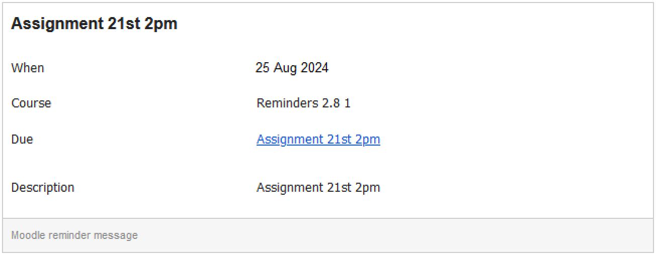 An email reminder that was sent on the 25 August 2024 for an assignment that was due on the 21 August 2024 at 2pm.