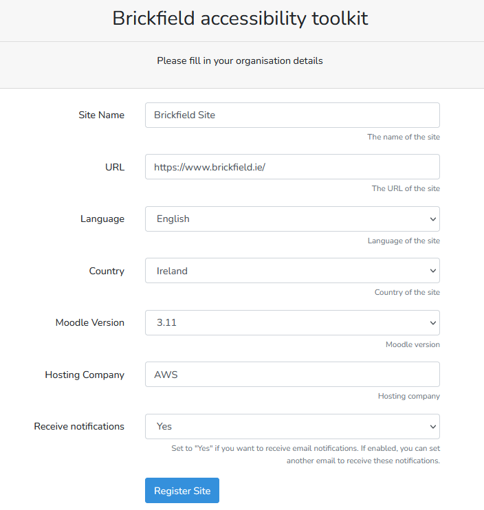 Brickfield portal account creation details