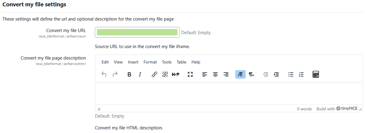 The alternate format settings page listing the convert my file settings: Convert my file URL, and Convert my file page description.
