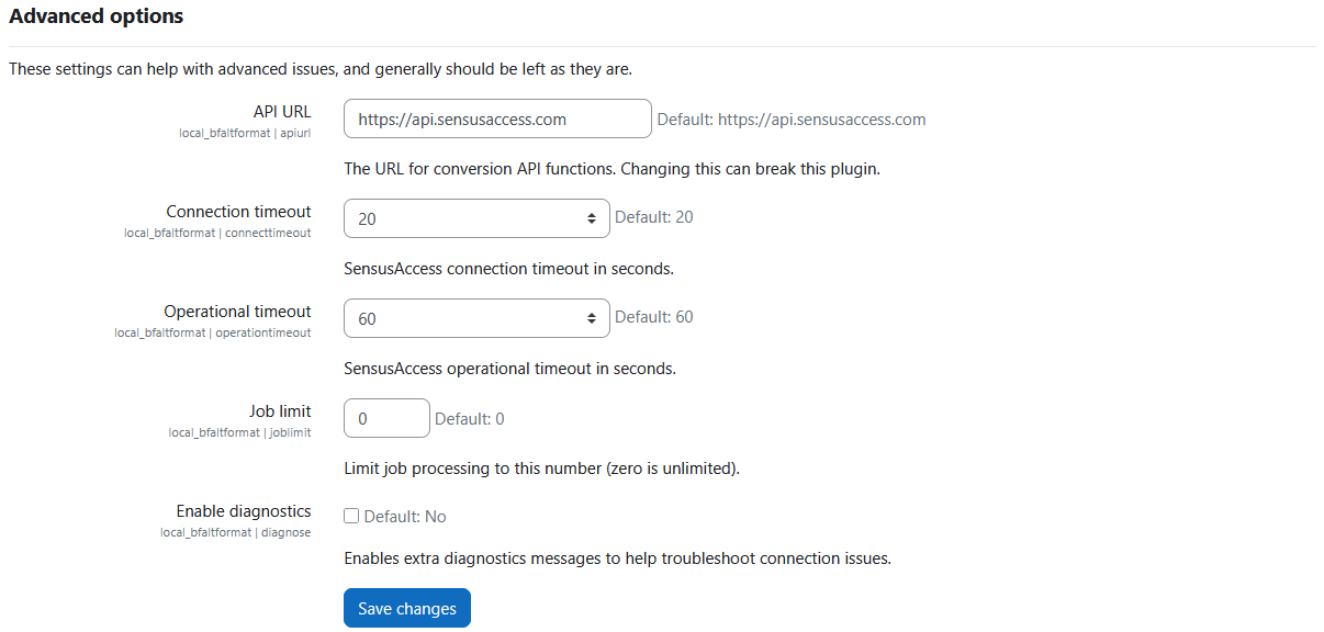 The alternate format settings page listing the advanced options settings: API URL, connection timeout, operational timeout, job limit, and enable diagnostics.