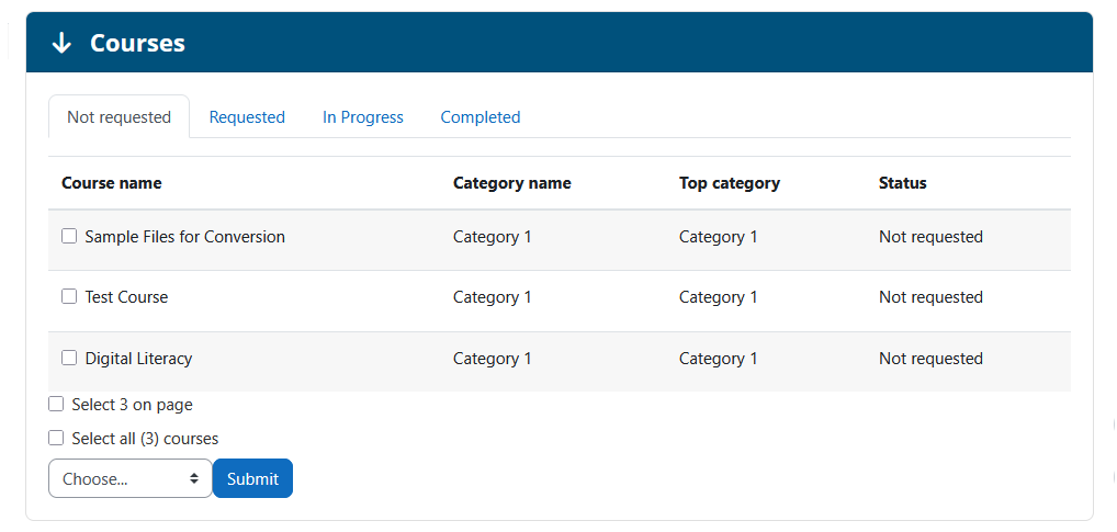 The Analysis dashboard page courses section with the Not Requested tab selected, a table with four columns, an option to select all pages on the current page, an option to select all course, and a dropdown to submit the action to submit.