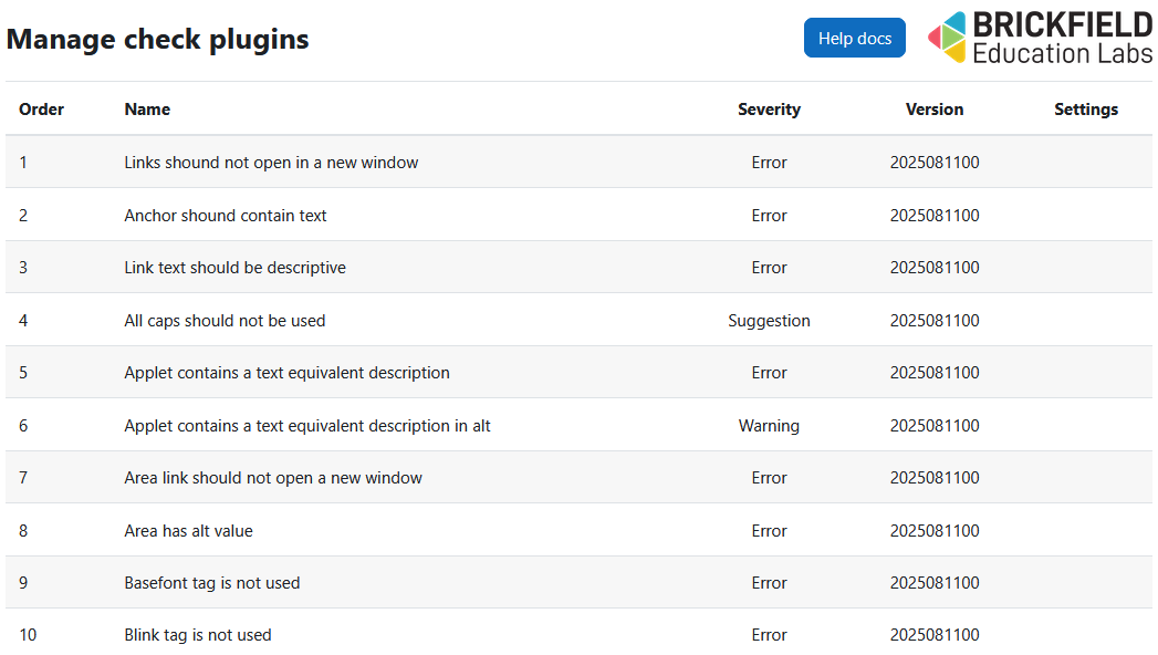 The manage check plugins page with the help docs button, brickfield logo and check plugins table. The check plugins table has 5 columns: Order, Name, Severity, Version, and Settings.