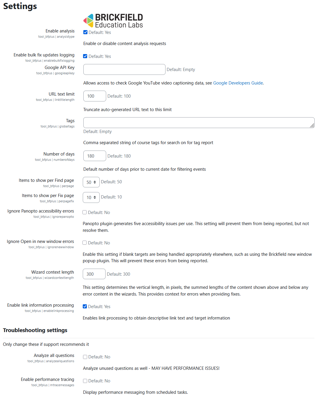 The Brickfield Accessibility+ toolkit settings page displaying the brickfield logo, the general and troubleshooting settings.