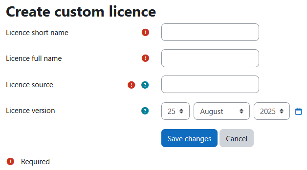 The create custom licence modal with the fields: licence short name, licence full name, licence source, and licence version dropdown meny; and the save changes and cancel buttons.