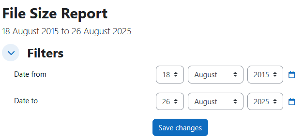 The file size report displaying the report heading, dates its showing data from, and the filters section. There are 2 filters: date from, and date to.